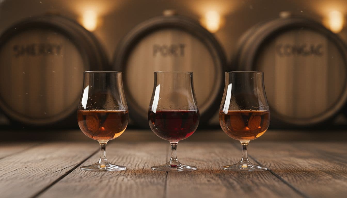 Trois verres tulipe avec des spiritueux ambrés, sur fond de barriques floues