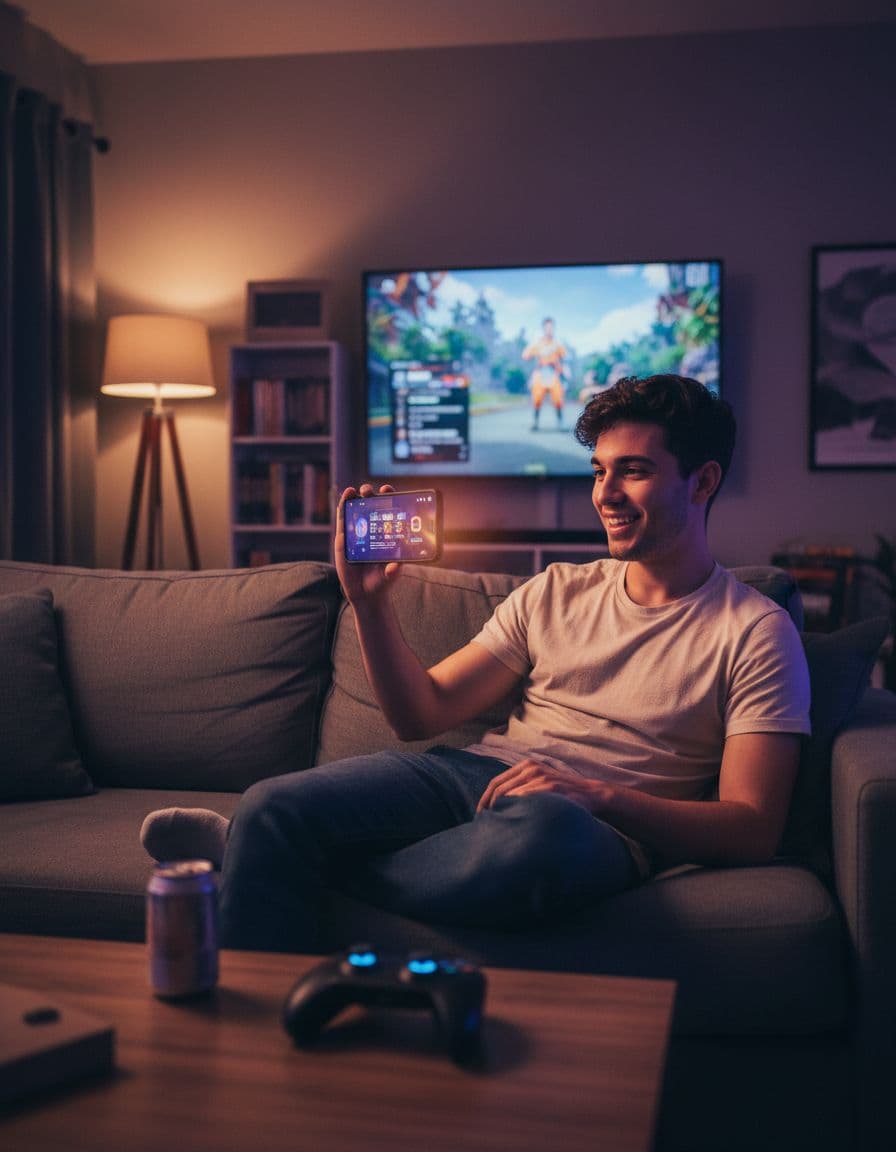 A relaxed beginner gamer sits on a couch in a cozy living room, naturally holding a mobile phone to watch a gaming tutorial video on strategy tips, with a game controller nearby and warm ambient lighting.