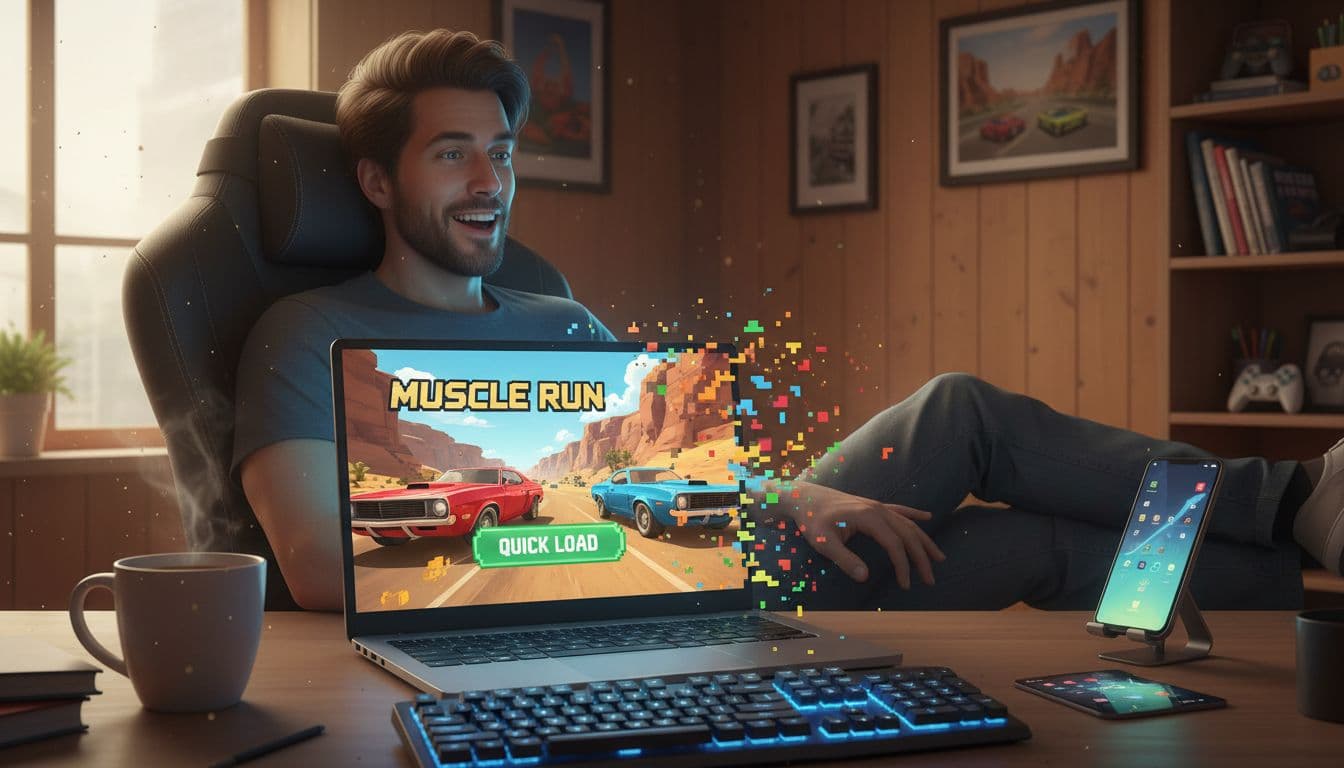 A casual gamer leans back in a cozy home office chair at a wooden desk, laptop open to a vibrant racing game like Muscle Run, with relaxed hands near keyboard, coffee mug and phone nearby, screen glow highlighting quick load excitement.
