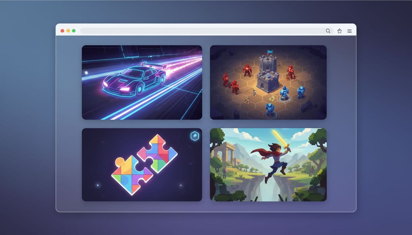 Montage of four diverse HTML5 games in a clean browser window: racing car speeding, strategy map with units, puzzle pieces fitting, and adventure character jumping, featuring vibrant gaming art with neon highlights and detailed pixels.