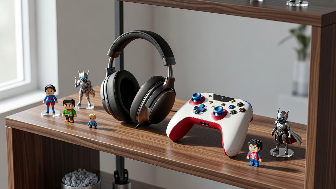 A clean wooden shelf displays premium gaming gear including a wireless controller and high-quality headphones. Beside them, small collectible figurines stand neatly arranged under the soft glow of natural window light.