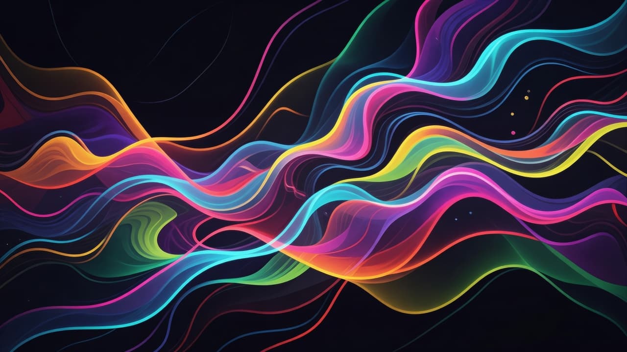 Vibrant neon light trails weave through dark space, forming fluid waves of electric blue, magenta, and gold. These glowing streams intersect to create a dynamic sense of motion and digital energy.
