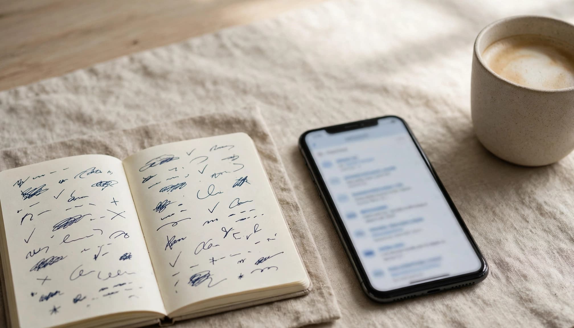 An open notebook and smartphone sit beside a ceramic cup in soft morning light.