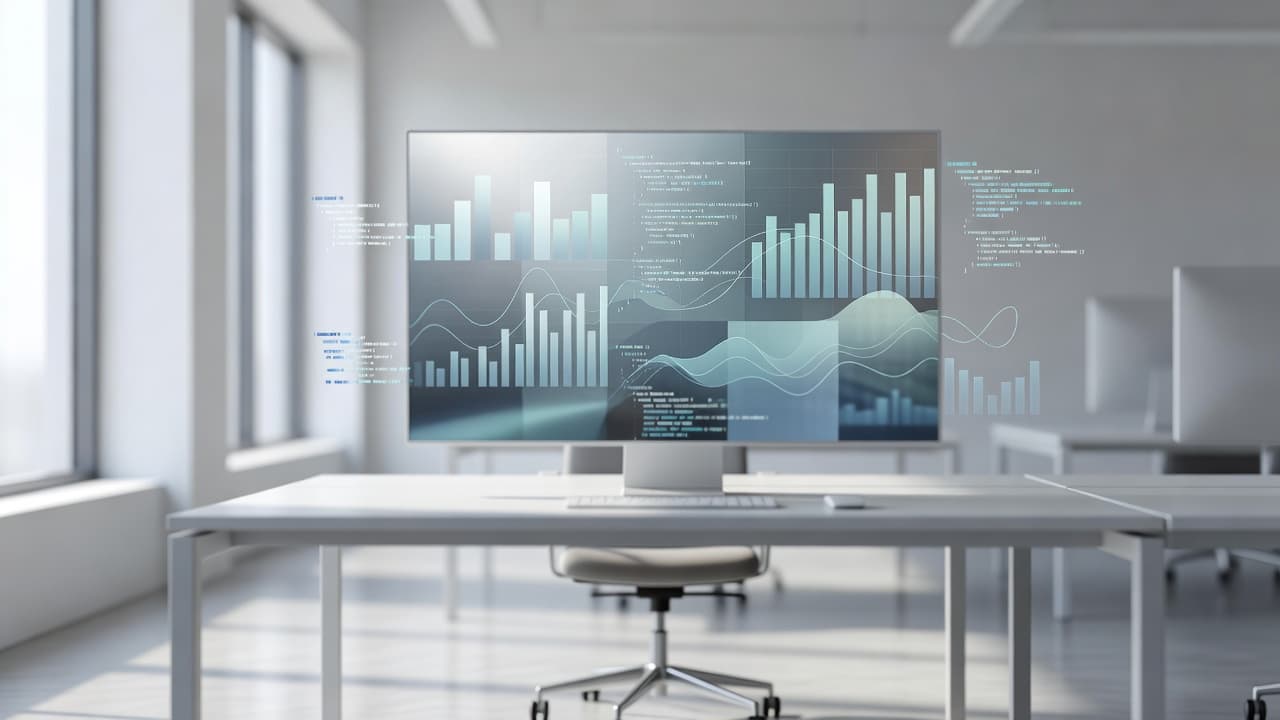 A clean office desk features a soft-focus monitor displaying complex abstract charts and glowing code patterns. The bright environment includes subtle metallic accents and a minimalist aesthetic for professional productivity.