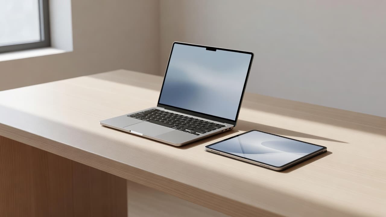 A slim metallic laptop and a thin tablet lie flat on a pristine white desk surface. Soft golden sunlight streams across the table from a nearby window, illuminating the smooth textures.