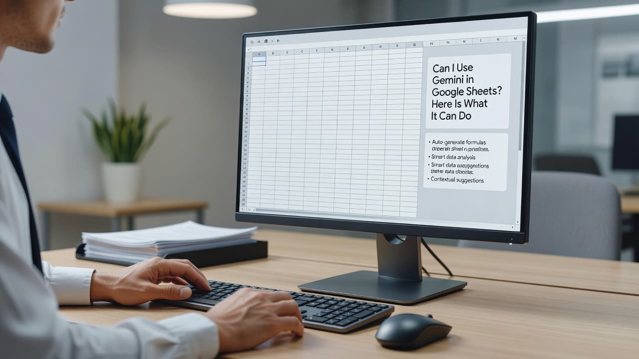 A person viewing organized grid data on a computer screen in a professional office.