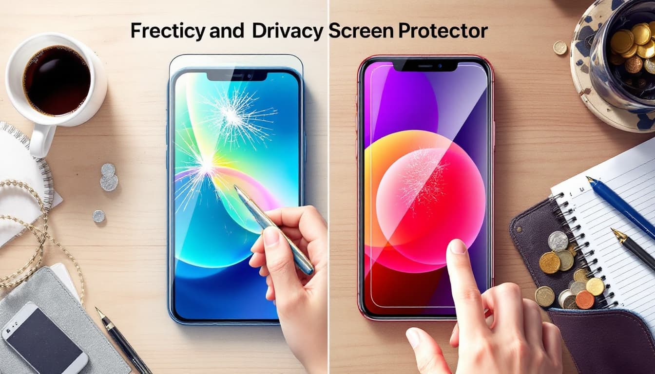 Best iPhone 13 Pro Max Privacy Screen Protector Guide (2026) Illustration comparing an unprotected iPhone 13 Pro Max screen with scratches and cracks versus a clean, edge-to-edge privacy tempered glass resisting keys and fingerprints. Image generated by AI.