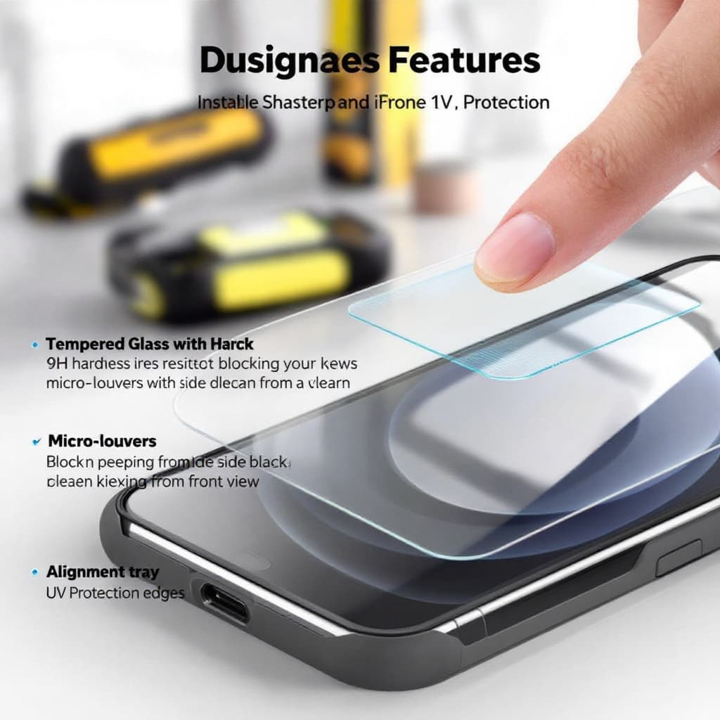 Best iPhone 13 Pro Max Privacy Screen Protector Guide (2026) Illustration of an iPhone 13 Pro Max privacy screen protector showing 9H tempered glass, micro-louver privacy, shatterproof edges, and an alignment tray for easy installation. Image created with AI.