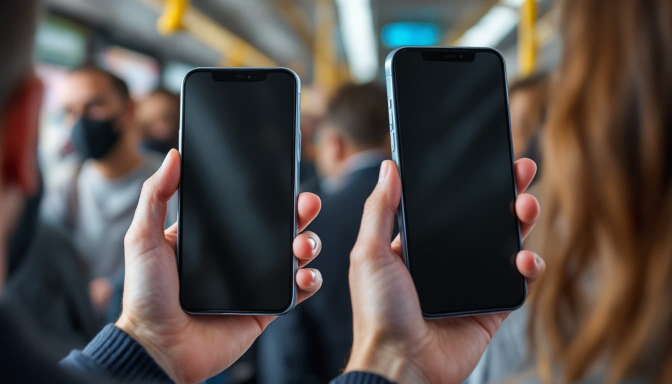 Best iPhone 13 Pro Max Privacy Screen Protector Guide (2026) A user holding an iPhone 13 Pro Max on a crowded bus, with the screen clear straight-on but blacked out from the side due to micro-louver privacy technology. Vibrant colors are visible head-on, with subtle reflections from the oleophobic coating. Image created with AI.
