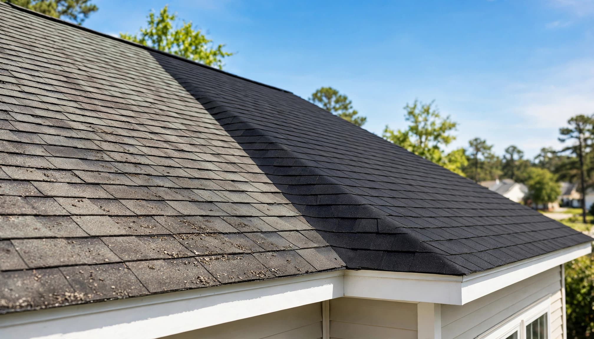 An aging shingle roof beside a newer section under a clear blue sky.