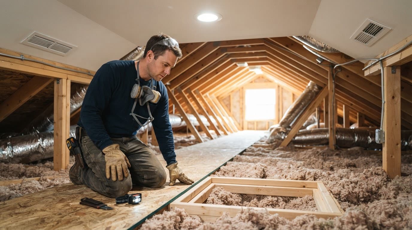 A contractor checks attic insulation near a hatch and recessed light.