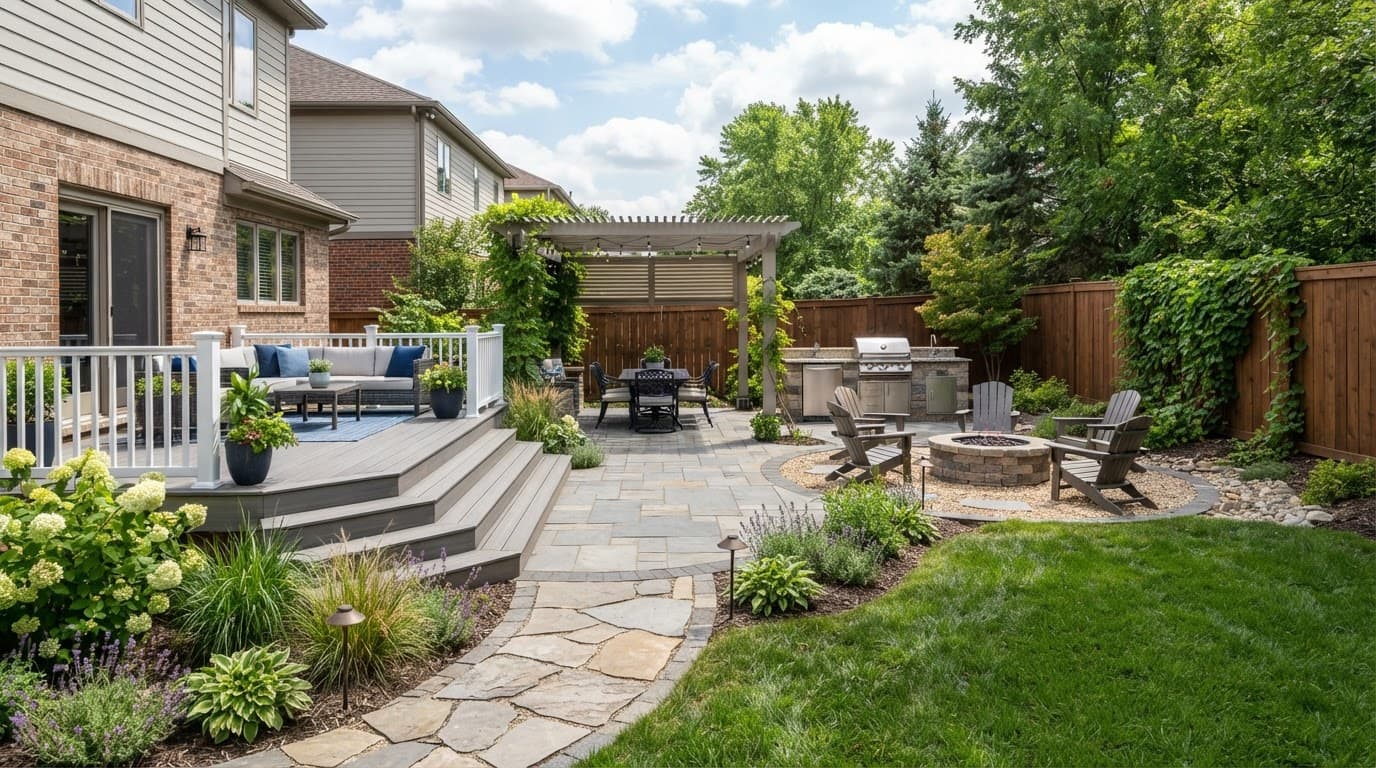 Outdoor living room with a deck, patio, pergola, kitchen, fire pit, and landscaped yard.