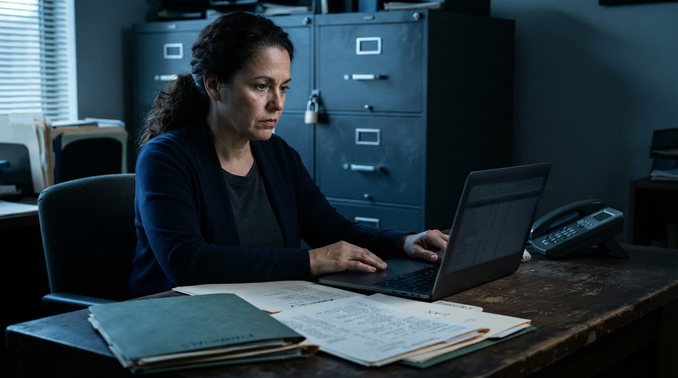 Business owner securing blank records beside a laptop and locked filing cabinet.