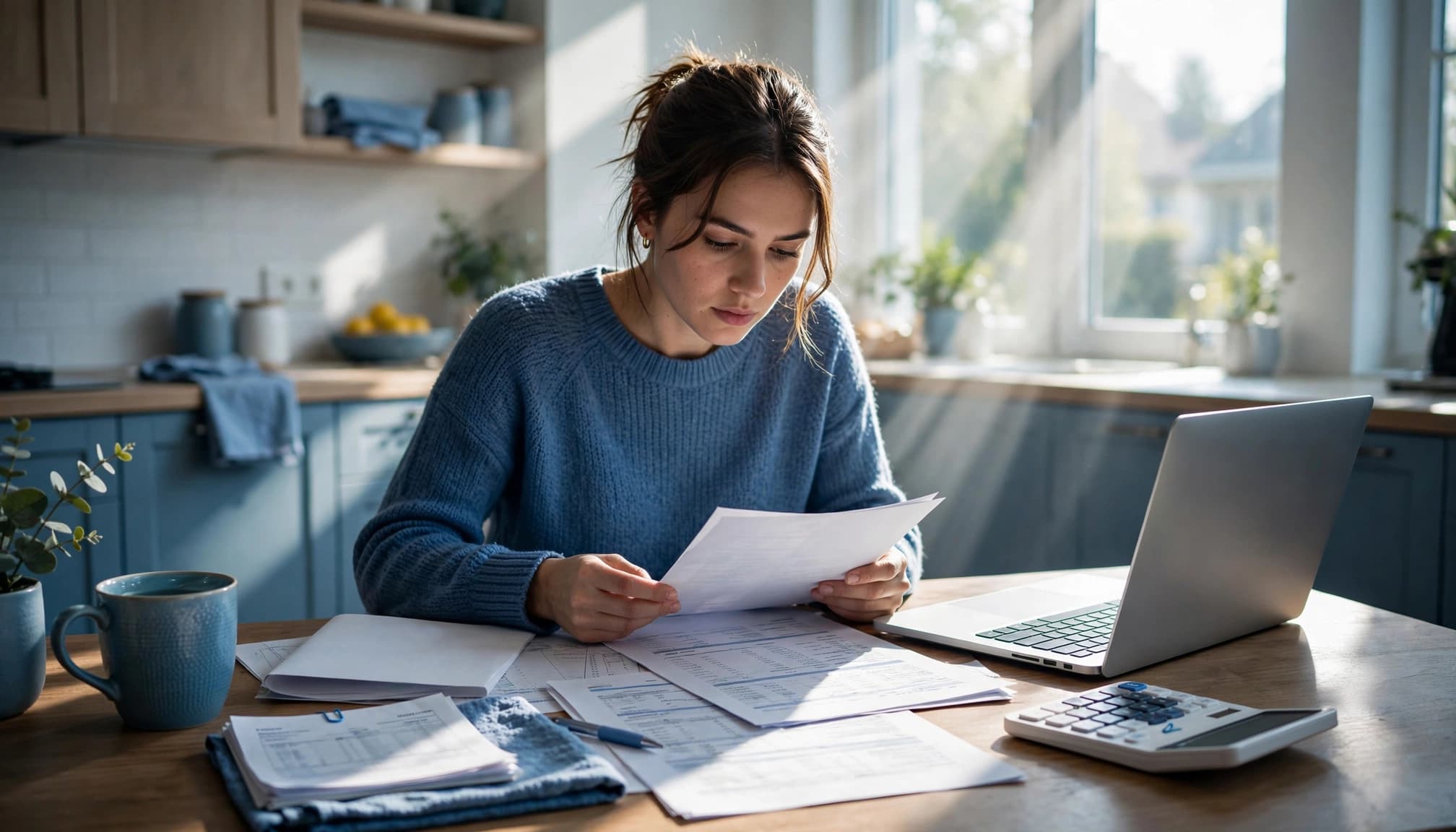 A homebuyer compares mortgage papers beside a laptop and calculator at a sunny kitchen table.