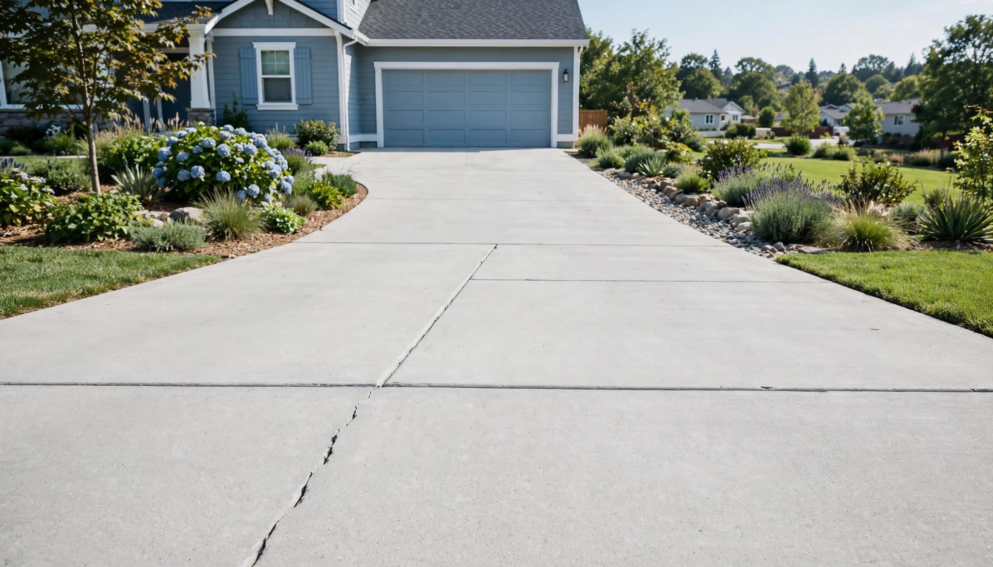 Concrete driveway with a visible crack, control joint, landscaping, and garage beyond.