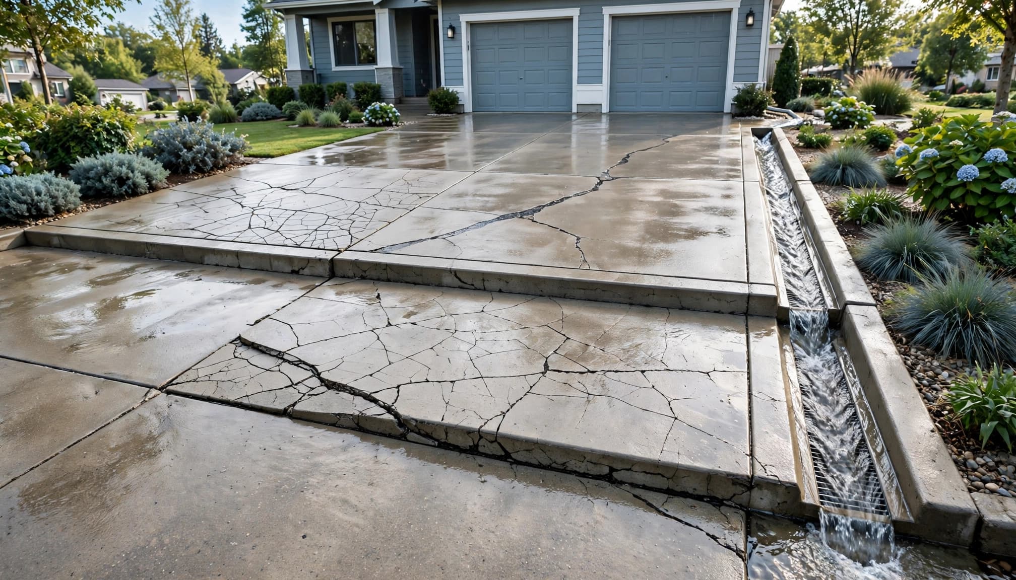 Cracked driveway with a displaced slab edge and drainage channel near a garage.