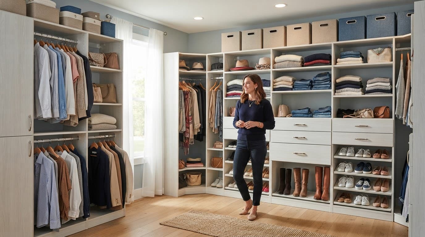 A bright custom closet with shelves, drawers, hanging rods, and one homeowner.