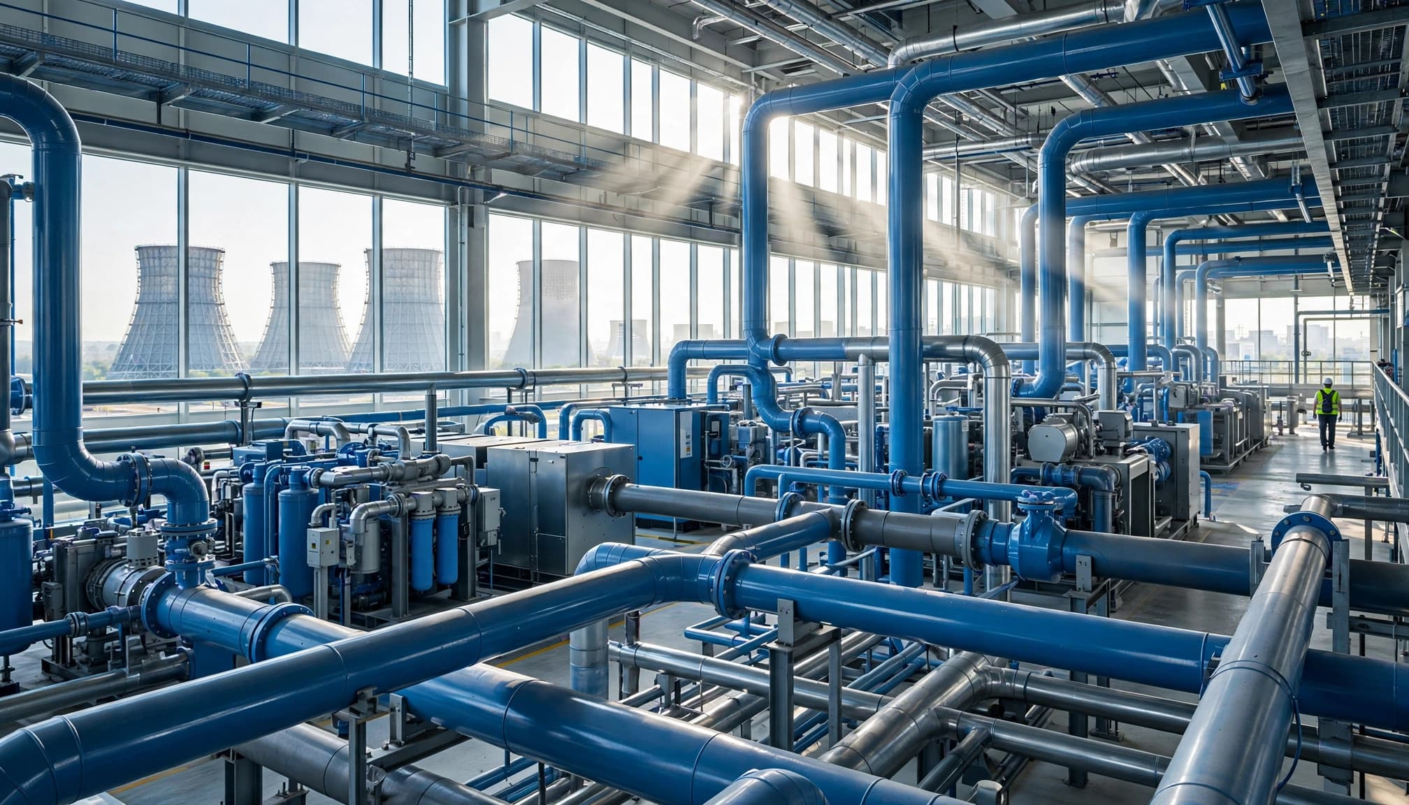 A technician stands near cooling towers and water pipes inside a bright data center.