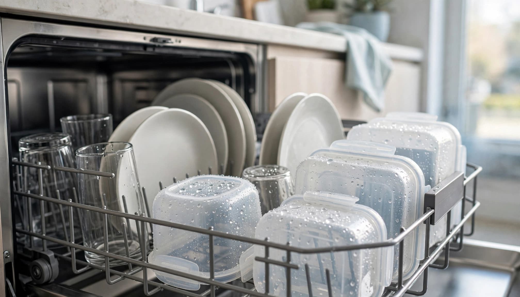 Open dishwasher rack with dry plates and wet plastic containers.