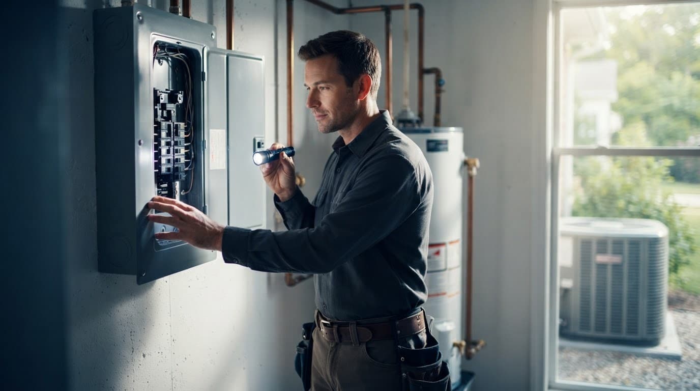 Electrician safely inspecting a home breaker panel with a flashlight.