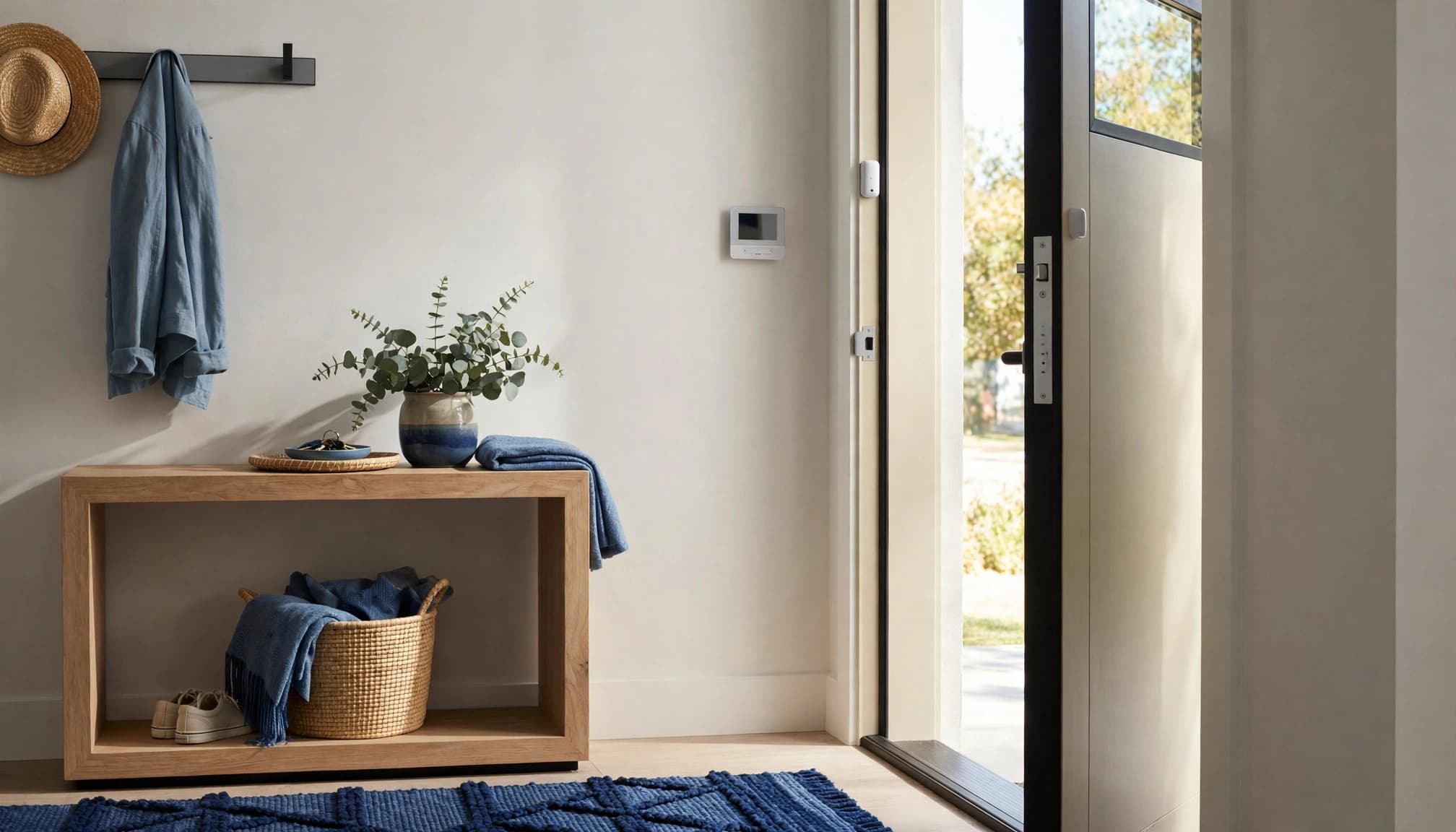 A door sensor and alarm panel in a bright, modern home entryway.