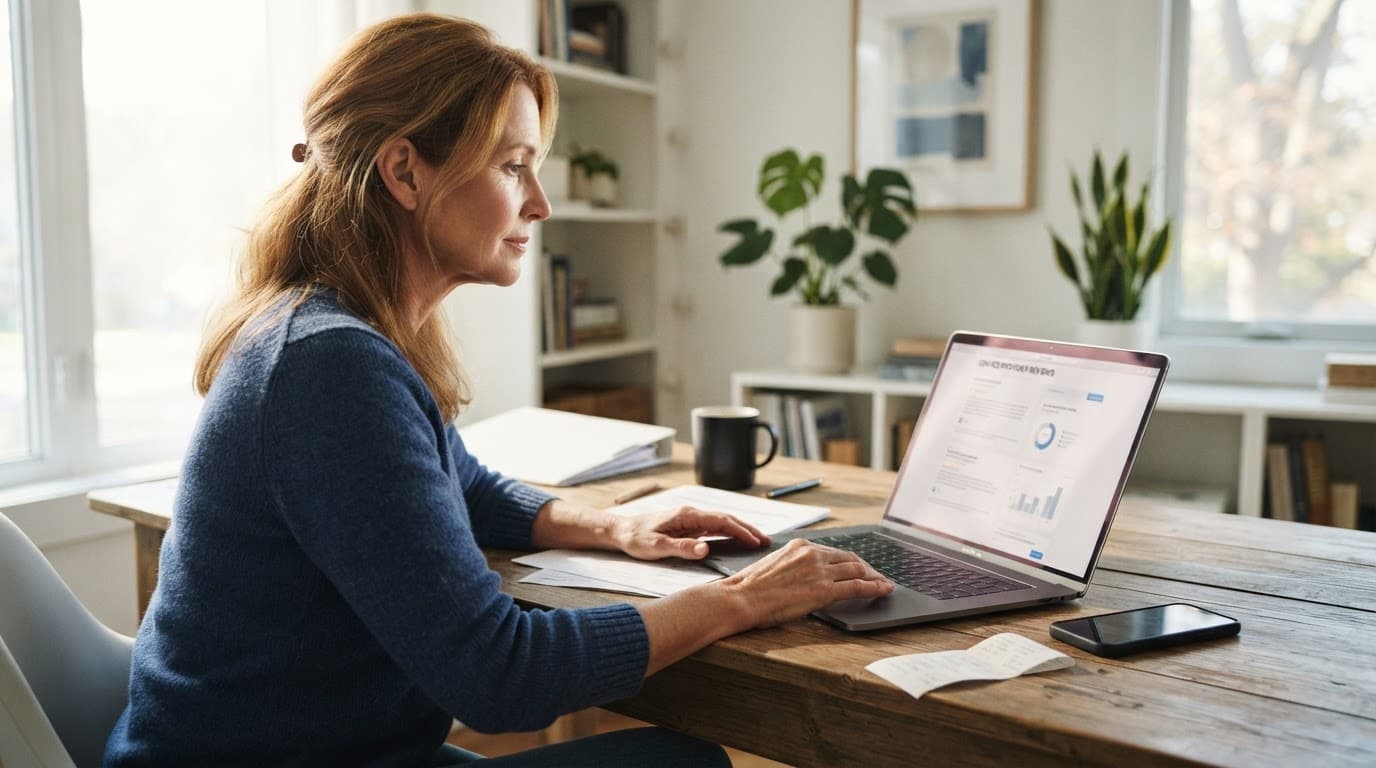 A homeowner checks service reviews on a laptop beside paperwork and a phone.