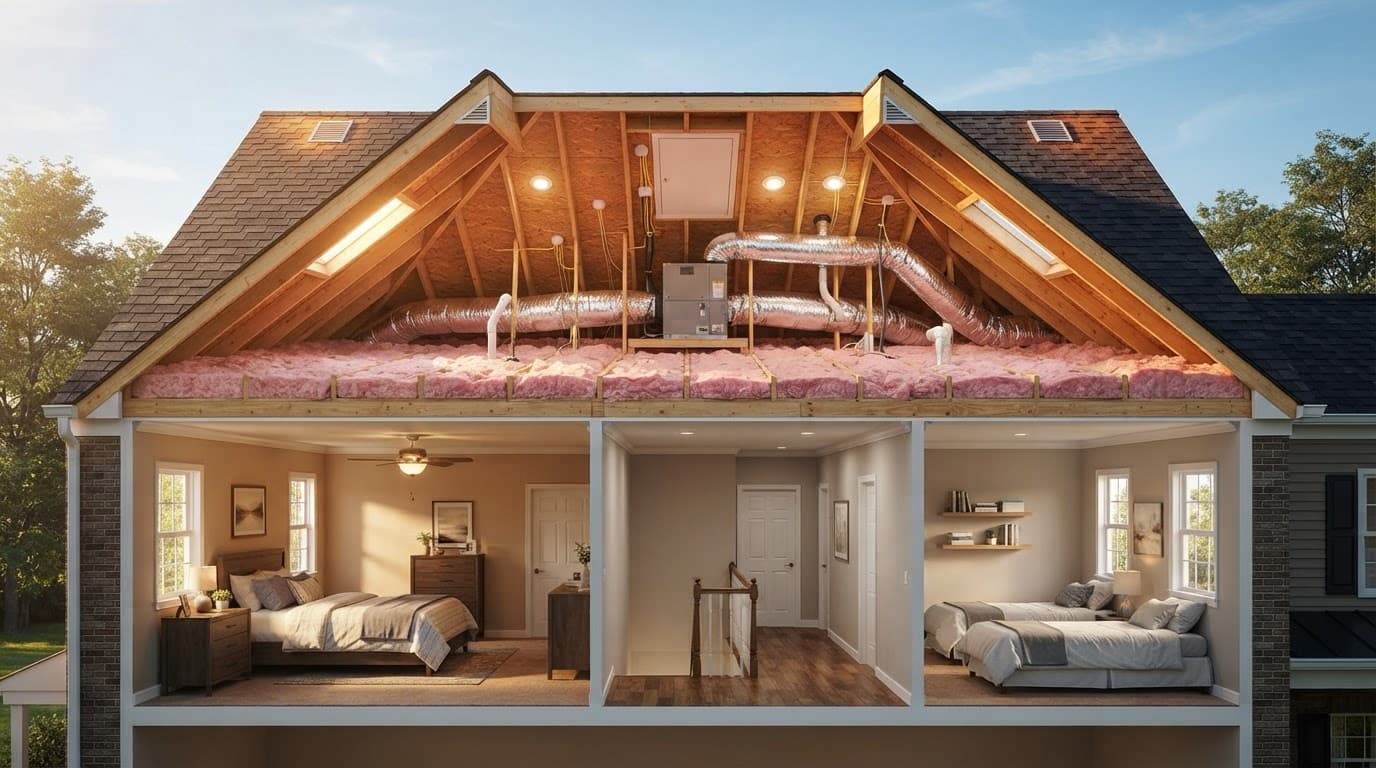 Cutaway home showing a hot attic above cooler upstairs bedrooms with insulation and ductwork.