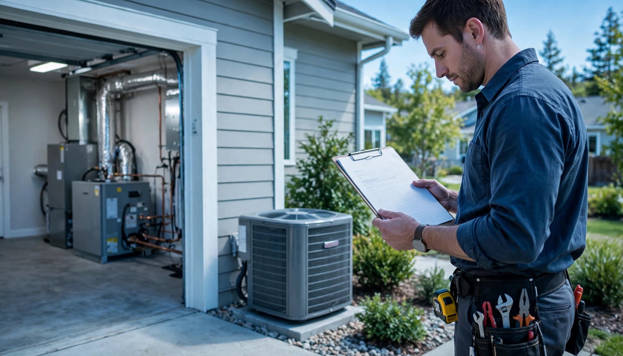 HVAC technician reviewing a clipboard beside an air conditioner in a bright home setting.