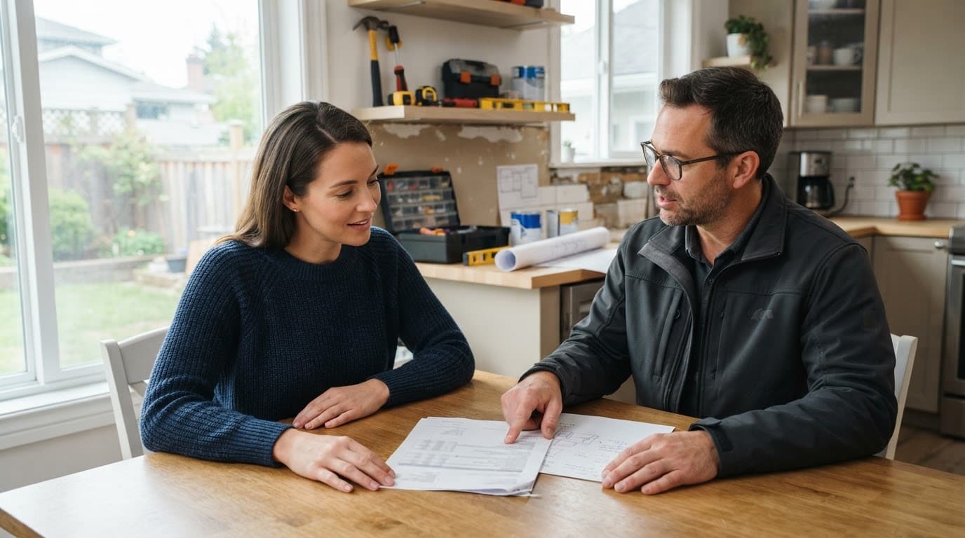 A homeowner and contractor review paperwork at a bright kitchen table.