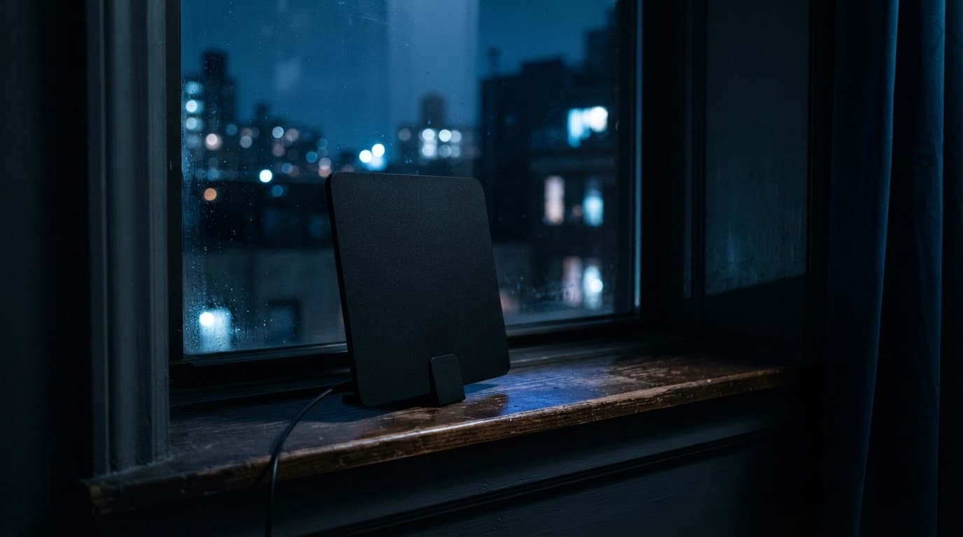 A sleek black TV antenna resting on a windowsill against a dark blue background.