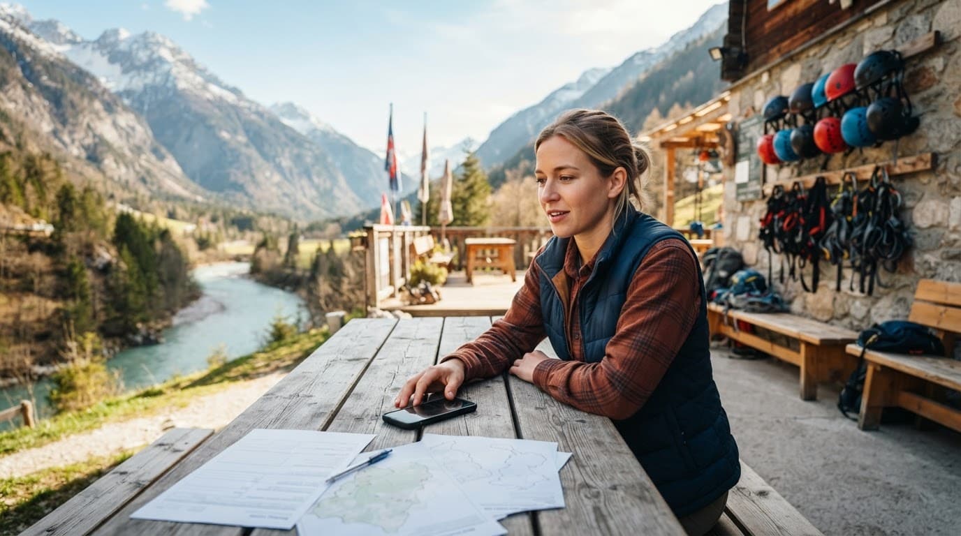 Traveler reviewing booking papers and a phone beside helmets at a mountain lodge table.