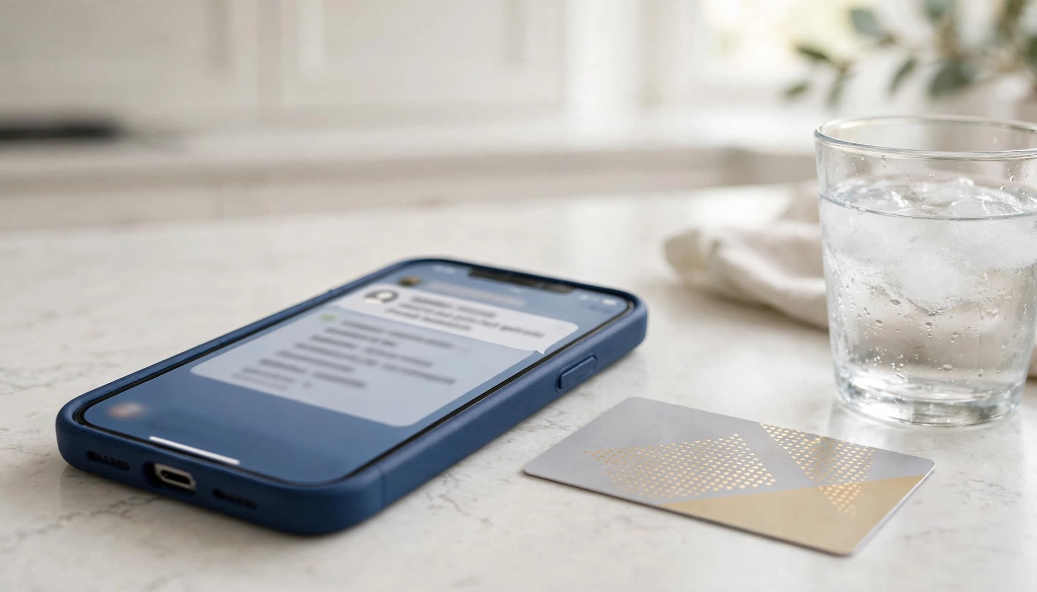 A phone with an unreadable alert sits beside a loyalty card and glass of water.