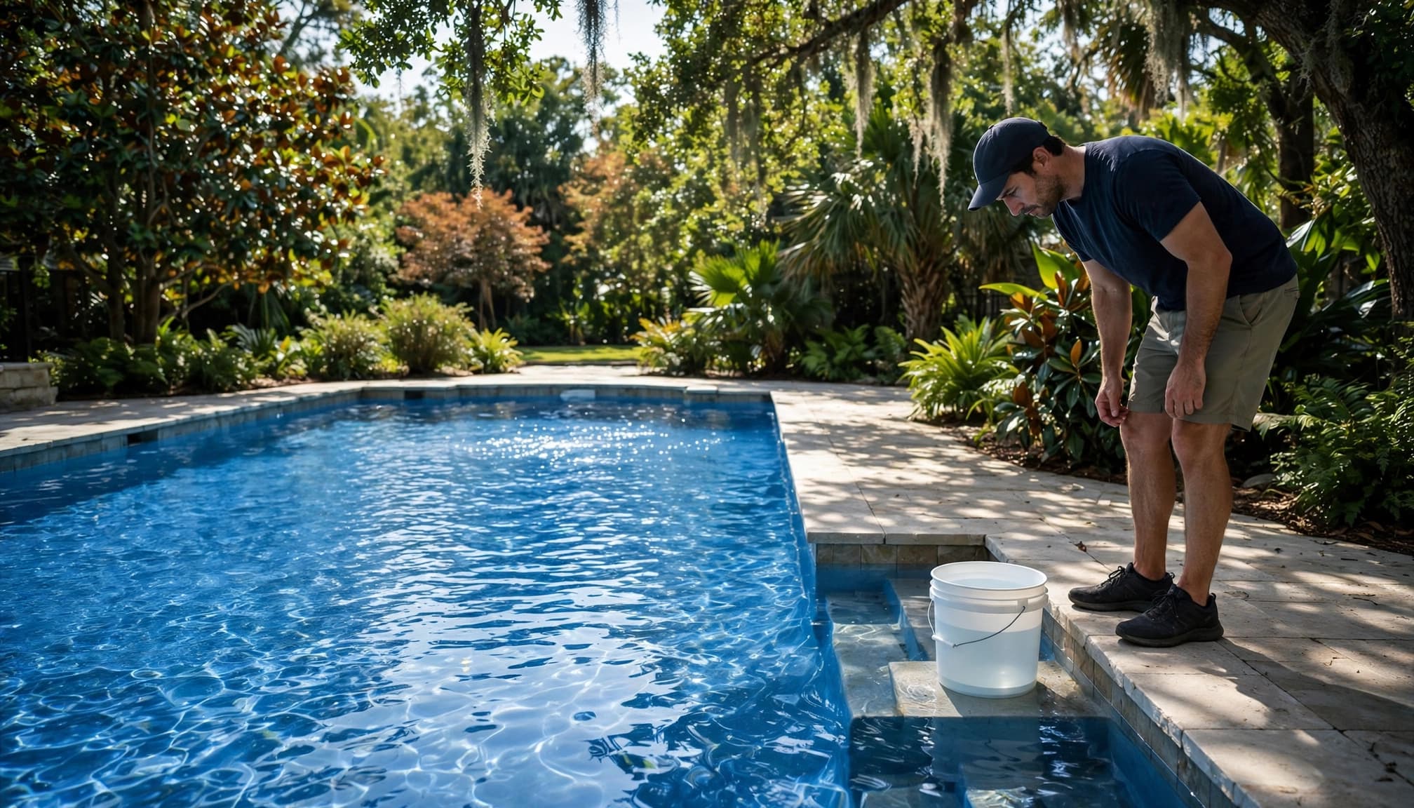A homeowner compares pool water with a bucket on a submerged step.