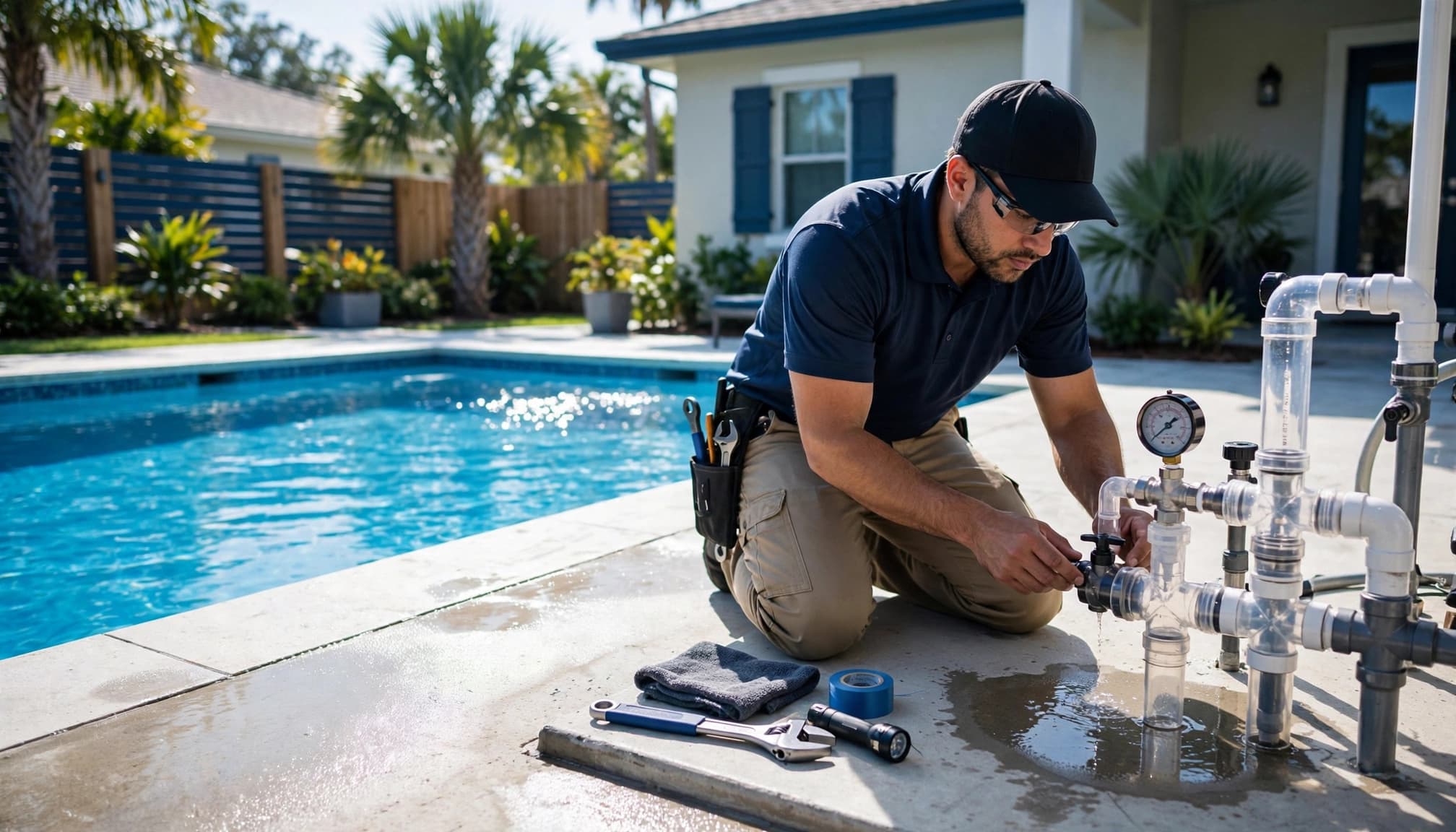 A technician checks pool plumbing and a pressure gauge beside the equipment pad.