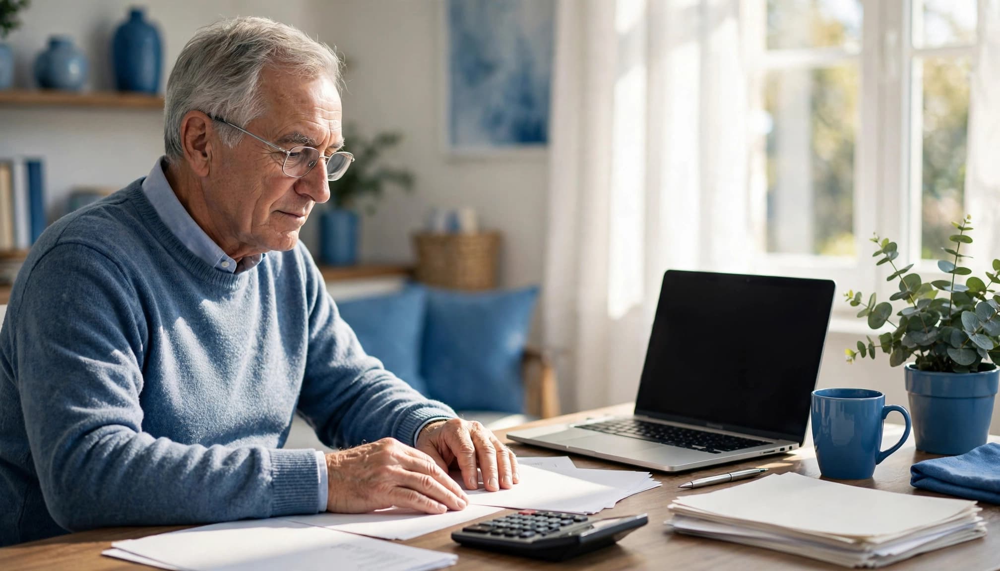 Older adult reviewing retirement papers with a calculator and laptop at a sunny desk.