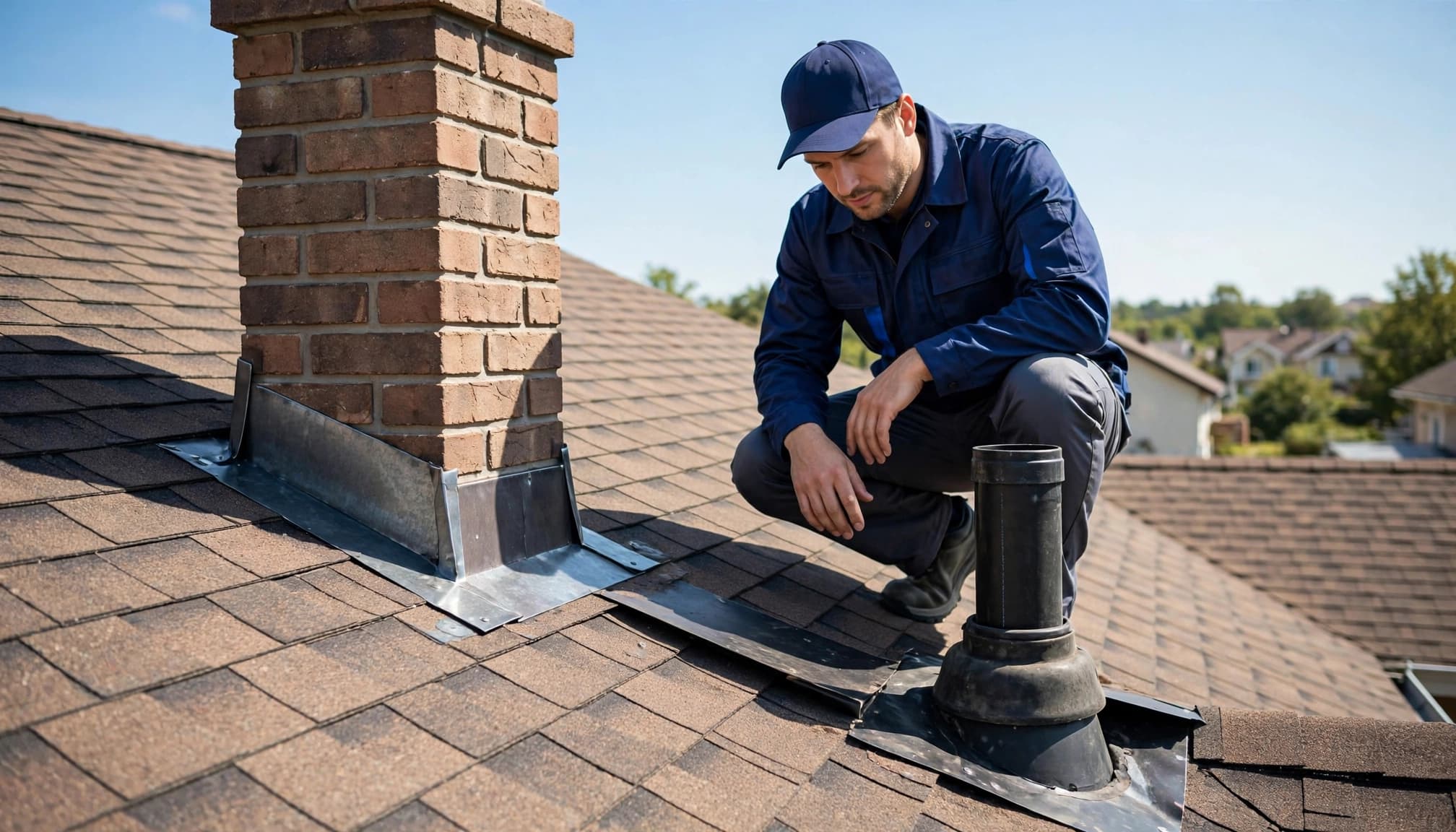 A roofer inspects pipe boots and flashing beside a chimney on a sunny shingle roof.