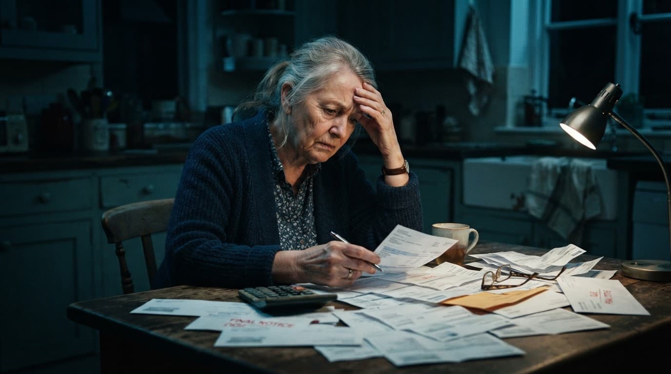 A concerned senior reviews household bills at a kitchen table.