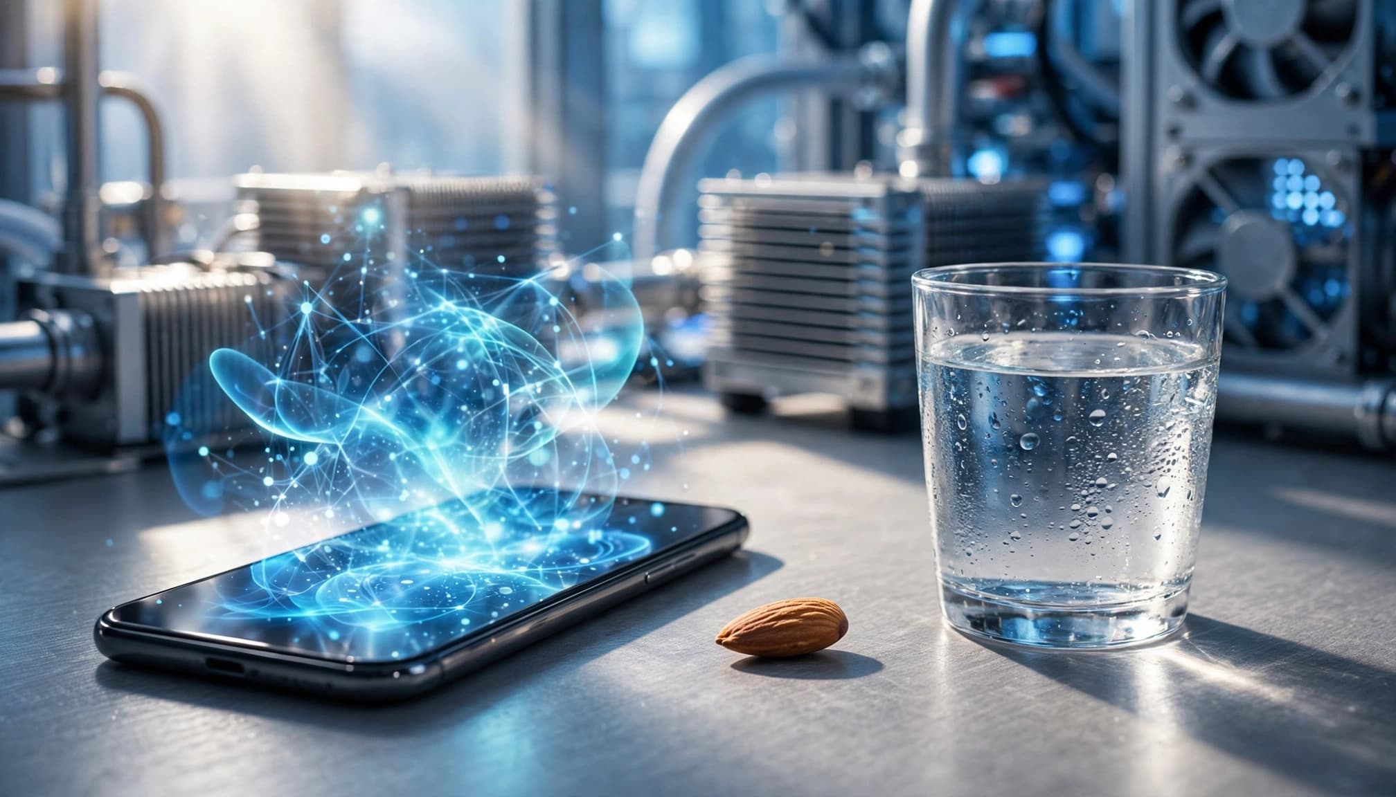 A glowing smartphone beside one almond and a glass of water on a bright desk.