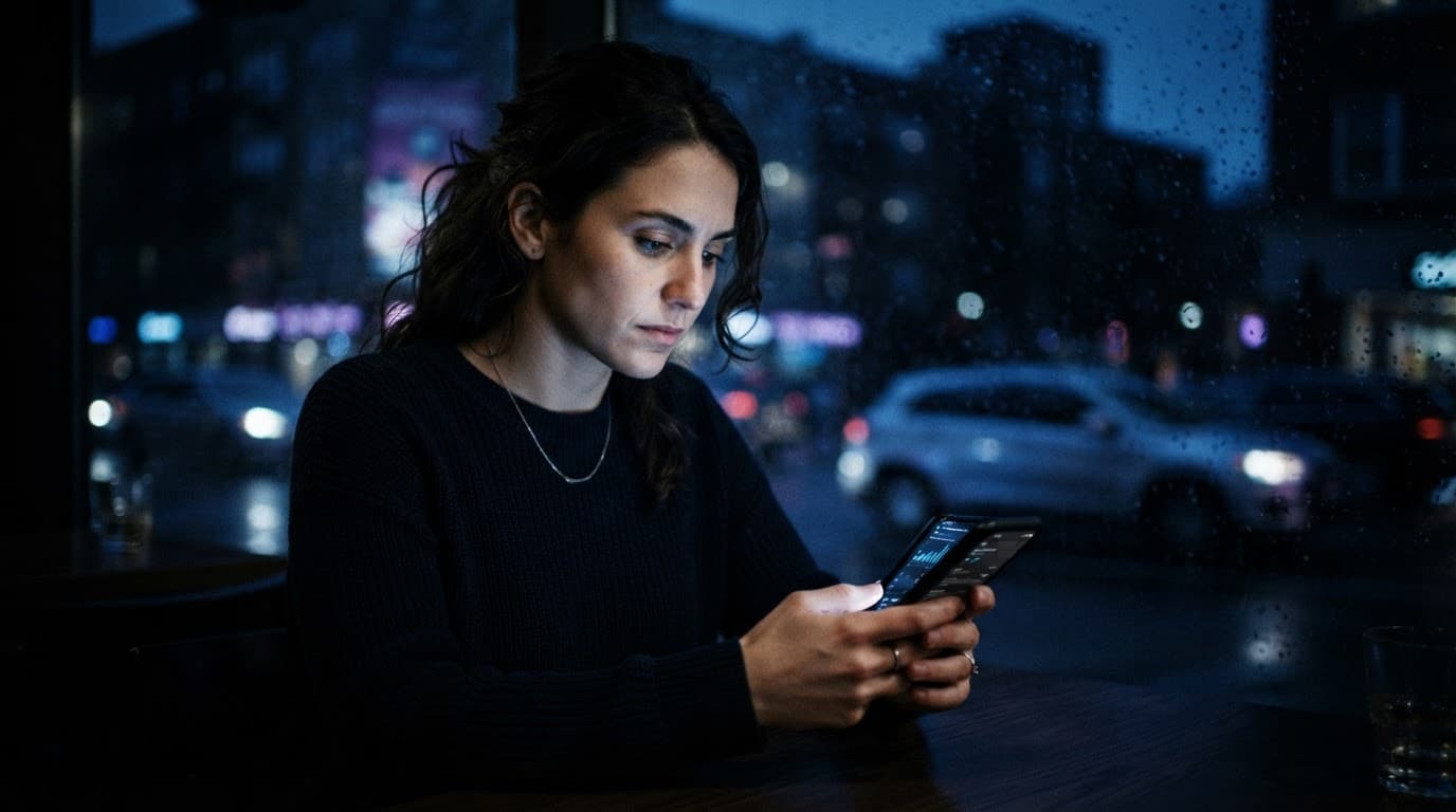 Person holding a smartphone to check digital bills against a dark blue background.