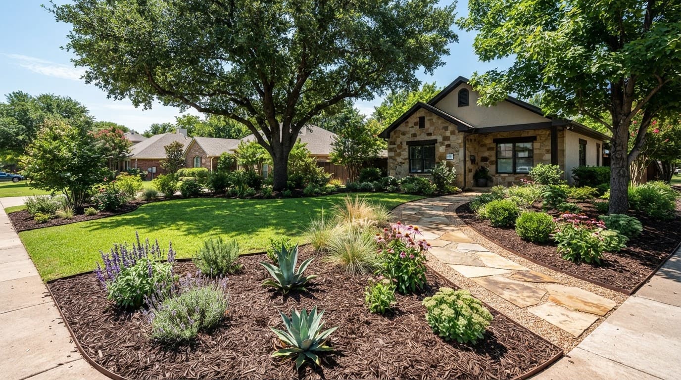 Shade trees, mulched beds, heat-tolerant shrubs, and lawn line a sunny suburban walkway.
