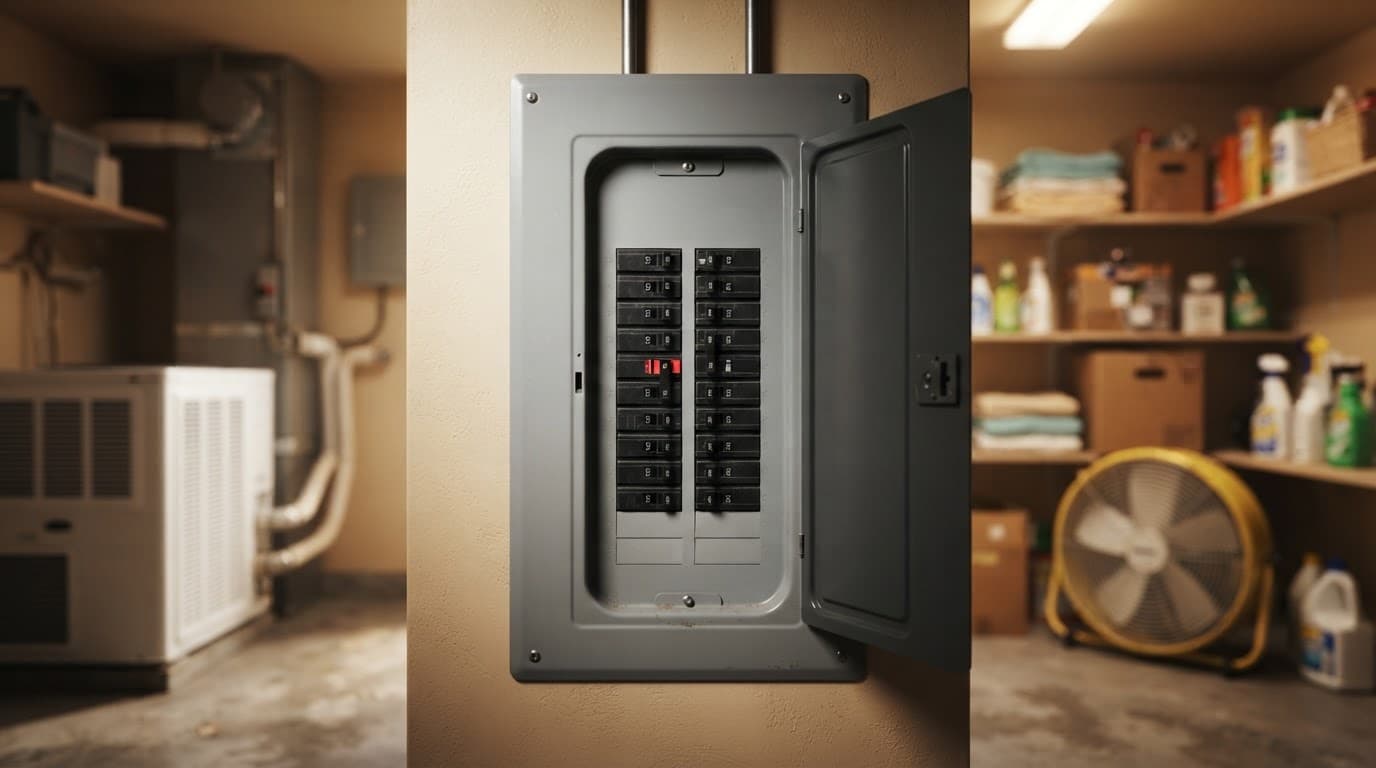 Electrical panel with a tripped breaker in a warm utility room.