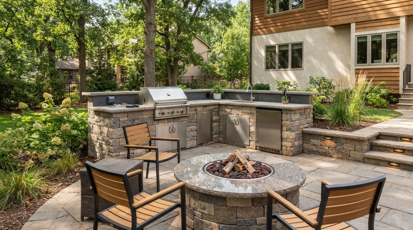 Sunlit outdoor kitchen with grill, sink, refrigerator, seating, and fire pit.