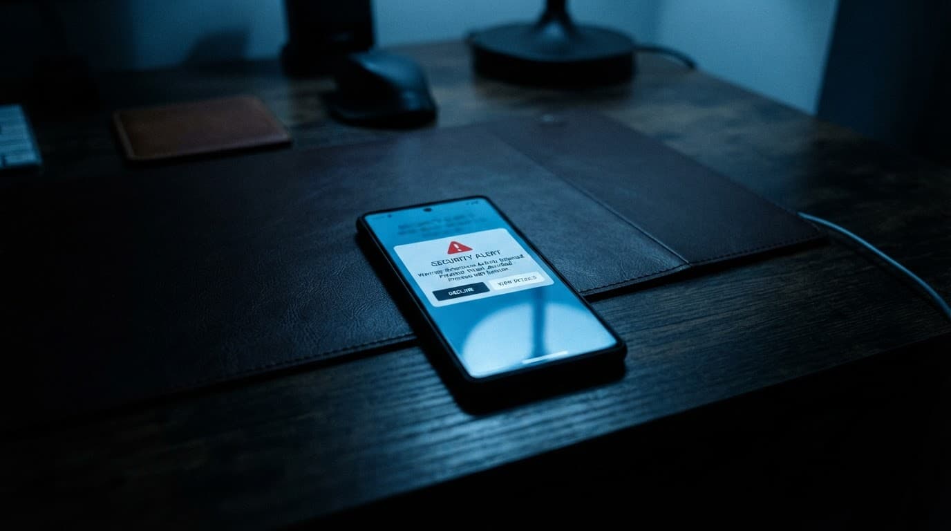 A smartphone showing a warning alert on a dark desk.