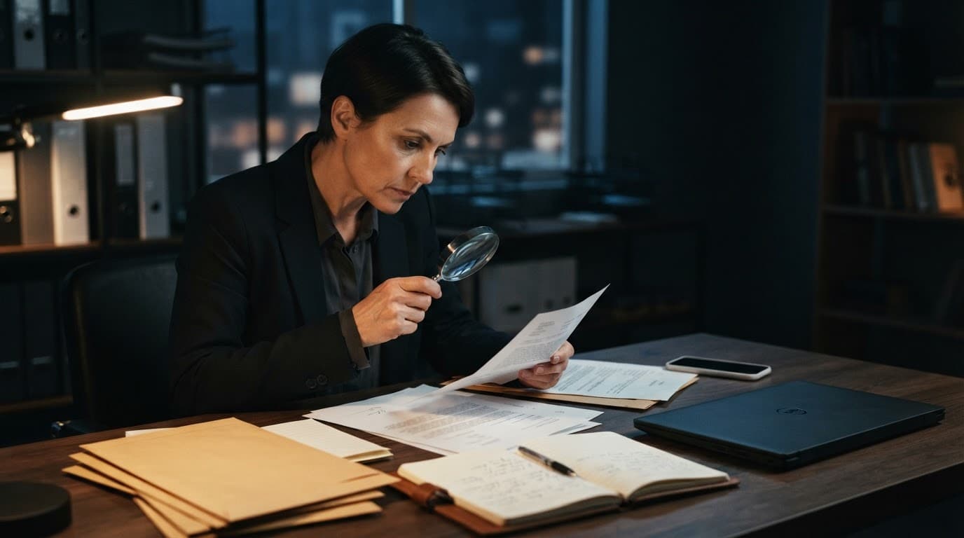 A consumer reviews tax notices and payment messages beside a laptop and magnifying glass.