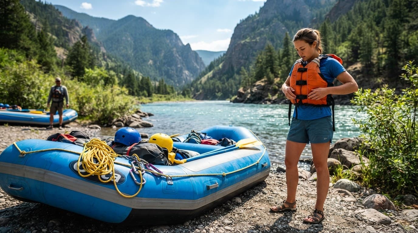Traveler checks safety gear beside a whitewater raft on a sunny mountain river.