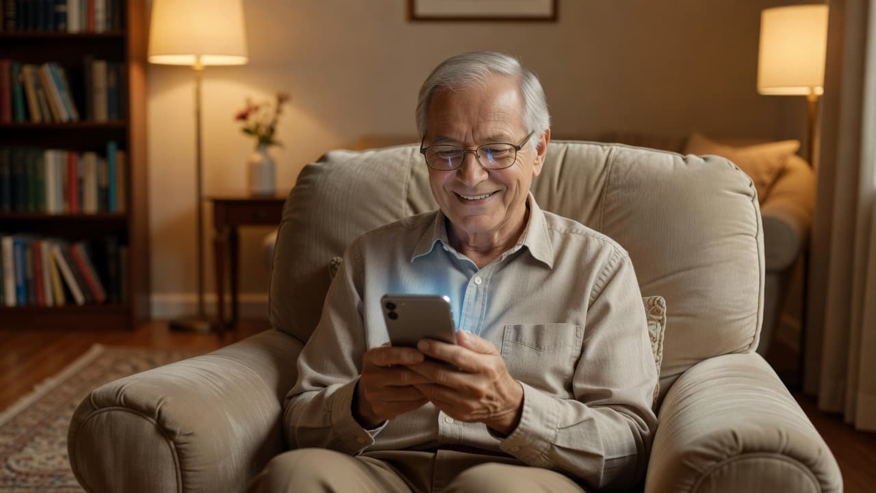 A smiling senior adult sits in a plush upholstered armchair while carefully tapping on a smartphone screen. Soft, golden ambient light illuminates the comfortable living room setting during the evening hours.