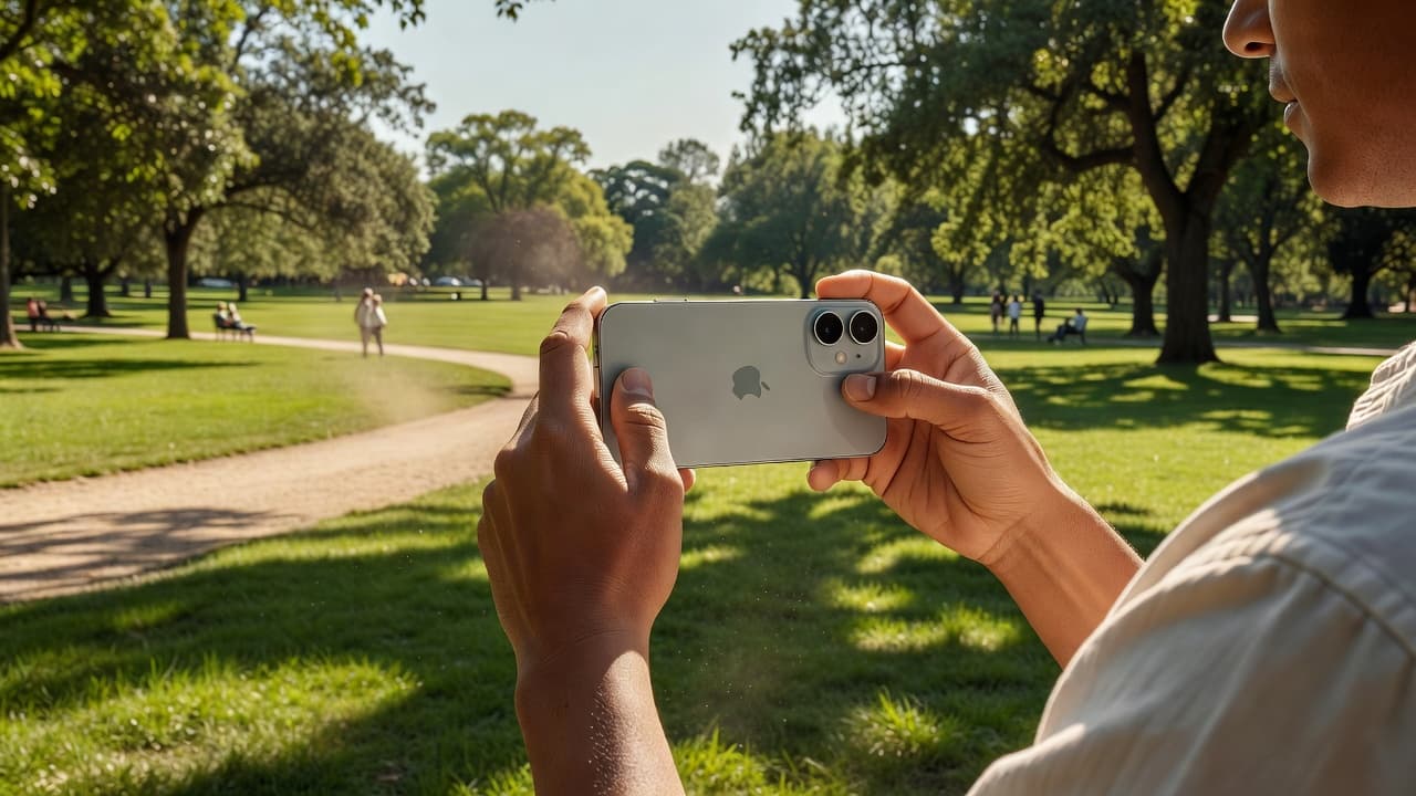 A person holds a modern smartphone with both hands to frame a sunny park scene. The clear display shows a natural view of green trees and grass under bright, daylight conditions.