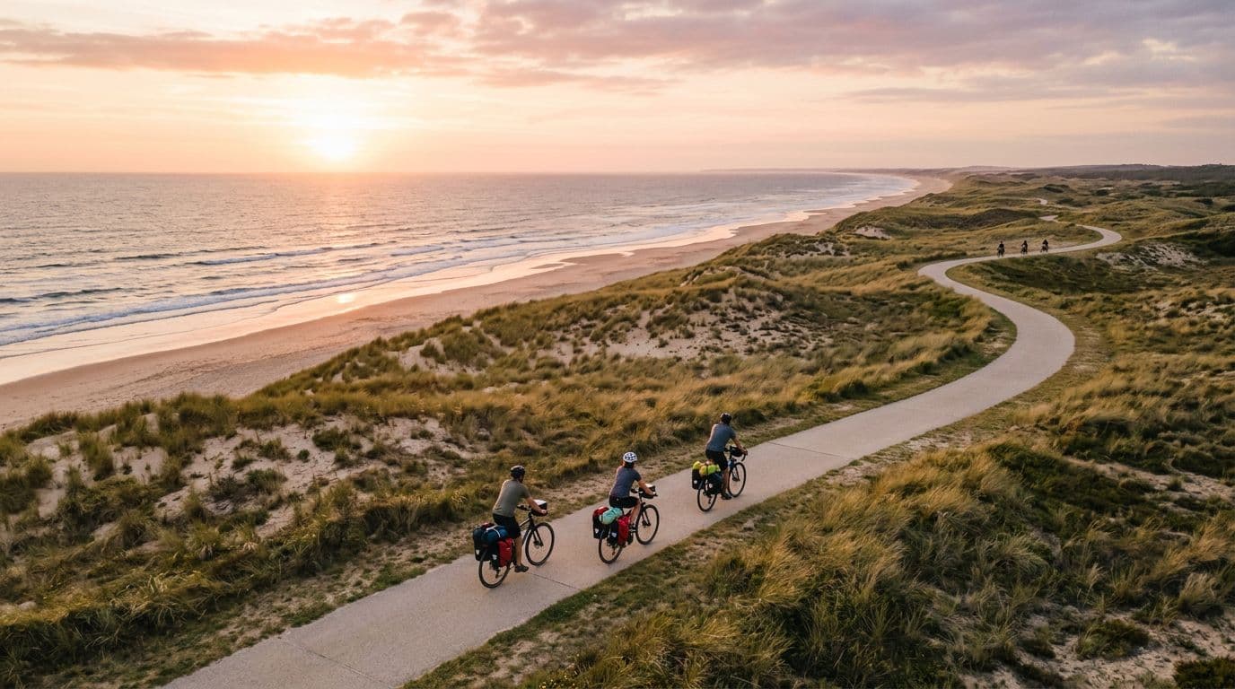 Aerial view of a small group of cyclotourists with loaded pannier bikes on the Vélodyssée near the Atlantic Ocean, dunes and beach in background, soft sunset lighting, wide landscape composition with three bikes and distant blurry silhouettes.