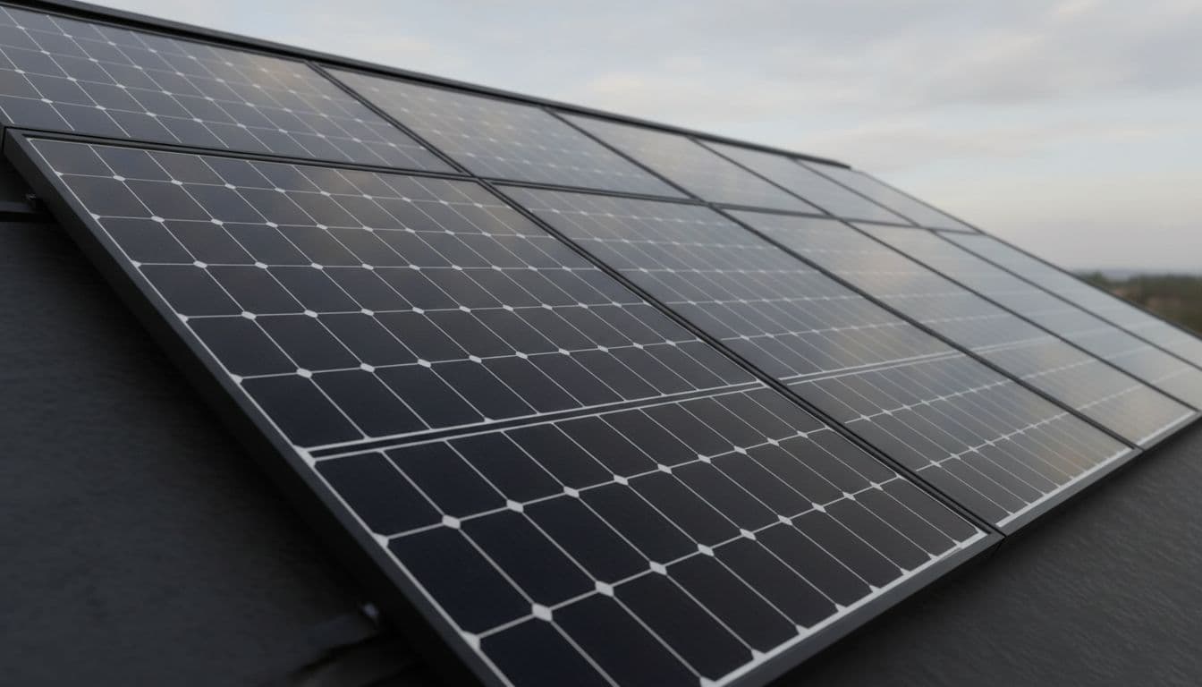 Close-up of glossy black monocrystalline photovoltaic panels in tight rows on a 30-degree tilted roof, highlighting solar cell texture against a soft cloudy sky. Professional detailed photo with natural diffused lighting, 6-8 panels visible, no people, text, or logos.