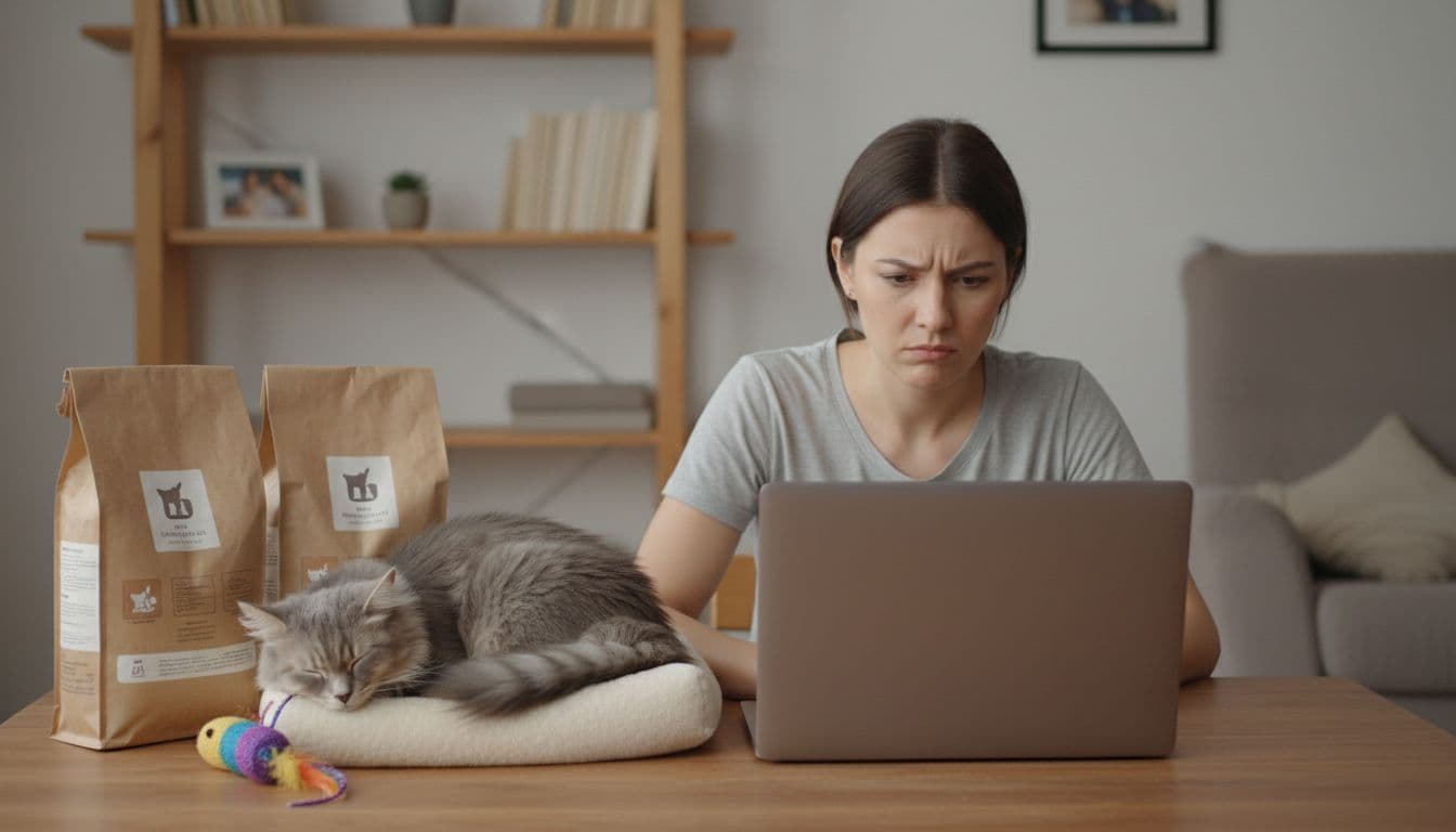 Une personne vérifie un budget sur un ordinateur portable, avec des accessoires pour chat et un chat gris qui dort à côté, ambiance calme.